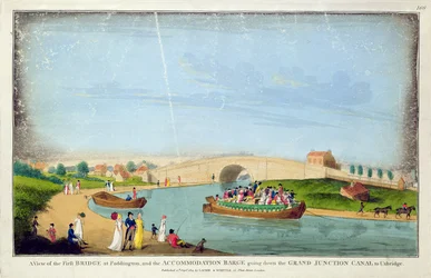 Ansicht der ersten Brücke, Paddington und das Unterkunftsschiff auf dem Grand Junction Kanal nach Uxbridge, 1801